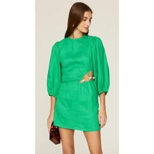 Suboo Elodie Dress Linen Blend Balloon Sleeve Side Cutout Mini Green Size XL